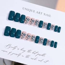 Spring Press on Nails Short, New Simply Square Fake Nails, Fresh Green Leaves Plant Wearable False Nails, Glossy Peacock Blue Leaf Designs Acrylic Nails, Short Glue on Nails for Nail Art