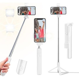 Selfie Stick Tripod, 40in Retractable Phone Tripod with  Remote Control & Light, Portable Selfie Stick Tripod for Photograph, Video Recording, Compatible with All Cellphones (Pink) - Colour: White