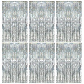 O-Kinee New Year's Eve Curtains, Tinsel Curtain, Silver, 6 Pieces Glitter Curtain, Party Decoration, Tinsel Fringe Curtain, Fbackground Curtain for New Year 2024 Disco Party, Christmas Party