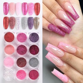 Holographic Sugar Glitter Powder for Nails, 12 Colors Iridescent Sugar Nail Dipping Powder Pigment Ultra Fine Sparkle Nails Gel Polish Glitter Dust Manicure Decoration for Home DIY Salon