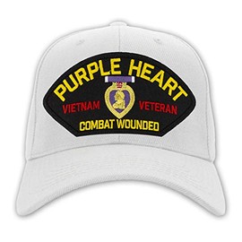 PATCHTOWN Purple Heart - Vietnam Veteran Combat Wounded Hat/Ballcap Adjustable One Size Fits Most (White, Add American Flag)