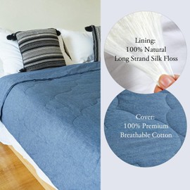 LilySilk Silk Comforter 100% Silk Filling Duvet Cotton Cover All-Season Washable Duvet with Buckle Versatile & Portable Blanket for Work, Nap & Relaxing Time Denim Blue