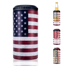3 in 1 Slim Can Cooler for 12 OZ Skinny Can, Regular Can & Beer Bottle - Keep Cold for 6 Hours - Double Walled Insulated Stainless Steel Vacuum Beverage Can Insulator (US Flag)