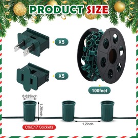 Copkim C9/E17 Christmas Light Sockets Set Spool Outdoor UL Listed String Light Christmas Stringer Bulk Holiday Lighting Outlet 12 Spacing for Patio Event Lighting Decor Green Wire(10 Plugs,100 ft)
