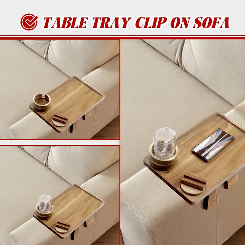 Couch Arm Table, Acacia Wood Sofa Arm Tray Clip on