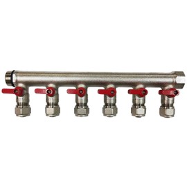 6 Loop Plumbing Manifold w/ 3/4" trunk & 1/2" pex ball valves, red handle
