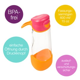 b.box Sport-Trinkflasche, 600 ml, BPA-frei, auslaufsicher, Tritan, Silikon und Premium-Kunststoffmaterialien für Babys und Kleinkinder – Erdbeer-Shake