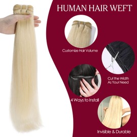 Benehair Weft Hair Extensions Real Human Hair 100g Full Head Invisible Straight Double Weft Weave Extensions for Women Silky #60 Platinum Blonde 20 Inch