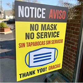 Bilingual No Mask No Service Store Sign - English Spanish Wear a Face Mask Door Decal - 8.5â x 11â Removable Vinyl Decal (5 per pack)