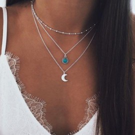 Wendalern Boho Layered Turquoise Necklace Turquoise Moon Pendant Necklace Moon Satellite Collar Necklaces Silver Turquoise Pearl Necklace Jewellery for Women and Girls
