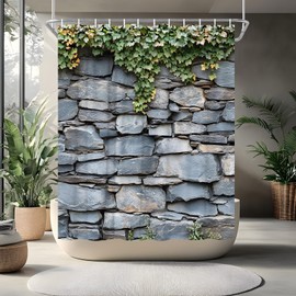 Brick Wall Shower Curtain Green Leaves Vintage Stone Spring Ivy Rocks Nature Plant Vine Rustic Botanical Garden Bathroom Curtains Set Polyester Fabric with Hooks 70" W x 70" L