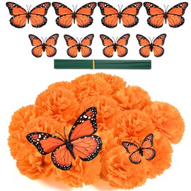Antenda Artificial Marigold Flower Heads,Silk Marigold Heads Bulk and 12 Monarch Butterfly for Dia De Los Muertos Diwali Decorations for Home Wreath Garland DIY Day of The Dead Altar Decor Orange