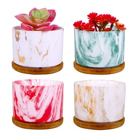 ROSE CREATE 4 pcs 4 Inches Ceramic Marbleizing Style Succulent Planters with Bamboo Trays (Colorful)