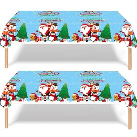 2Pcs Christmas Party Tablecloth Decorations for Xmas Party,137*274cm Blue Christmas Santa Disposable Party Table Cloth Party Table Covers,Dining Tablecover for Winter Holiday Christmas Picnic Party