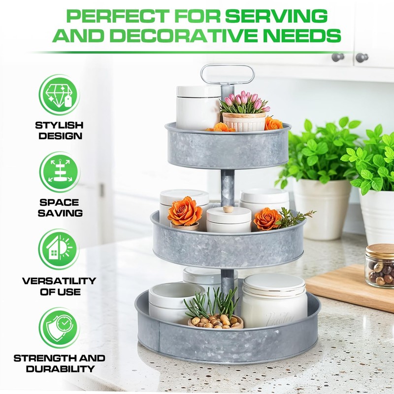 Plexon 3 Tiered Tray Stand, Metal Tiered Serving Tray, Round