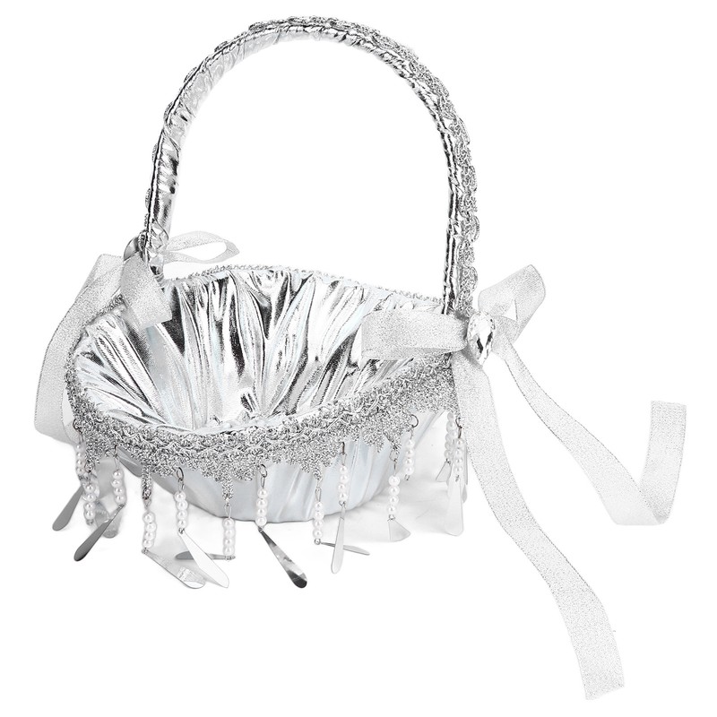 Wedding Flower Girl Basket Silver Hand Flower Basket Romantic Rhinestone