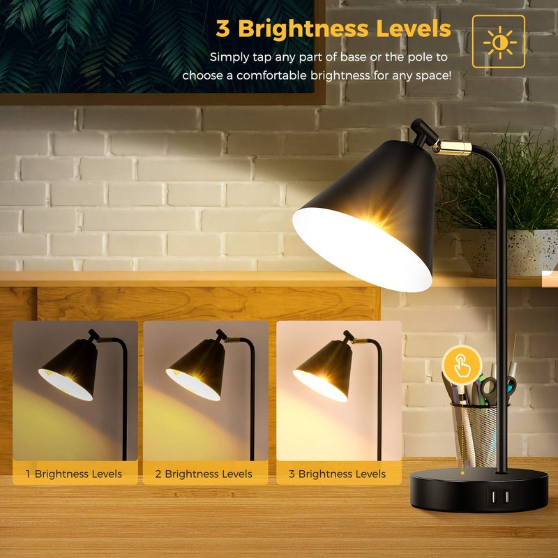 Industrial Dimmable Desk Lamp with 2 USB Charging Ports AC