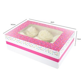 Baked with Love 6/12 Cupcake Box, Twin Pack, Pink Sprinkles Windowed Cupcake Boxes to Carry Tasty Treats, Includes Dual Insert for 6 Standard Cupcakes or 12 Mini Cupcakes, Pack of 2