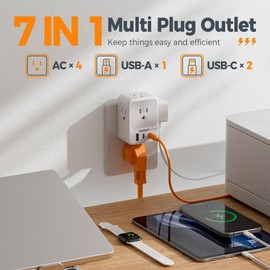 Multi Plug Outlet Extender, TESSAN Multiple Plug Extension Block with 4 AC Splitter, 1 USB A Ports and 2 USB C Port, Surge Protector Wall Outlet Expander for Home Office Dorm Room Essentials, Gray