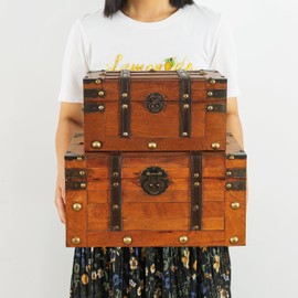 SLPR Alexander Wooden Treasure Chests - Set of 2, Antique Storage Trunks, Decorative Wood Storage Boxes with Hinged Lids for Keepsakes and Home Décor