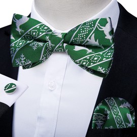 DiBanGu Green Christmas Bow Ties for Men Silk Pretied Bowtie and Handkerchief Cufflinks Set Holiday Snowflake Bow Tie
