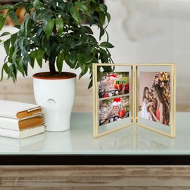 Golden State Art, Light Gold 8x10 Hinged Double Metal Frame - Floating Effect for 6x8 or Smaller Photos with Real Glass for Protection - Elegant Desktop Decor for Home or Office - Vertical Display