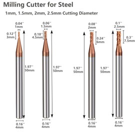 8 Pieces Milling Cutter End Mill Carbide 4 Flute 1-4 mm CED TiSiN Coat Spiral Cutter Bit Solid Carbide CNC Drilling Attachments/End Mill Bit 55 HRC Cutting Edge Drill Bit for Steel, Aluminium Alloy, Copper