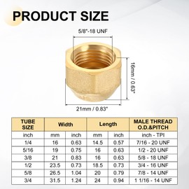 sourcing map 4Pcs 3/8" Tube OD Brass Flare Cap, 5/8"-18 UNF Female Thread 45 Degree Flared SAE Hex Pipe Fitting, Seal Tube Fittings with Tape for Air Conditioner Pipe Extension Water Gas Line