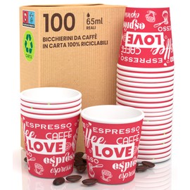 LoveRedCUP 100 Paper Coffee Cups 65ml Eco Friendly Biodegradable Disposable Cups Small Takeaway Hot Drinks