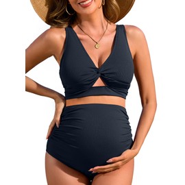 Charmo Maternity Bathing Suit High Waist Bikini Sets Full Coverage Ribbed 2 Piece Pregnancy Swimsuit Nursing Swimsuit Navy S
