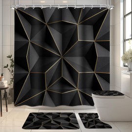 LIGHTINHOME 4 PCS Modern 2D Black Gold Shower Curtain Set 72Wx72H,Toilet Lid Cover,Non-Slip Rugs and U-Shaped Mat,Luxury Triangle Bathroom Sets with Rugs Shower Accessories 12 Hooks for Bathroom Decor