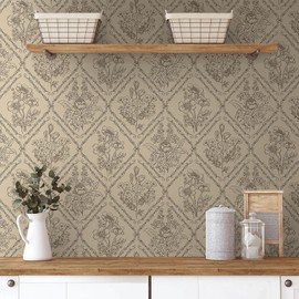 Toduso Peel and Stick Wallpaper Vintage Wall Paper Boho Contact Paper Neutral Removable Wallpaper for Kitchen Bathroom Bedroom Floral Waterproof Self Adhesive Vinyl Drawer Decor 17.3"x78.7"