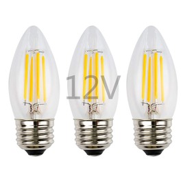 OPALRAY DC 12V Input 4W LED Bulb, Dimmable with 12V DC Dimmer, E26 Medium Base, Clear Glass Torpedo Tip, Warm White Light, 40W Incandescent Replacement 12Volt LED Light Bulb, 12V-24V DC, 3-Pack