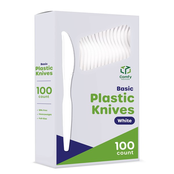 Comfy Package [100 Pack Heavy Duty Disposable Basic Plastic Knives - White