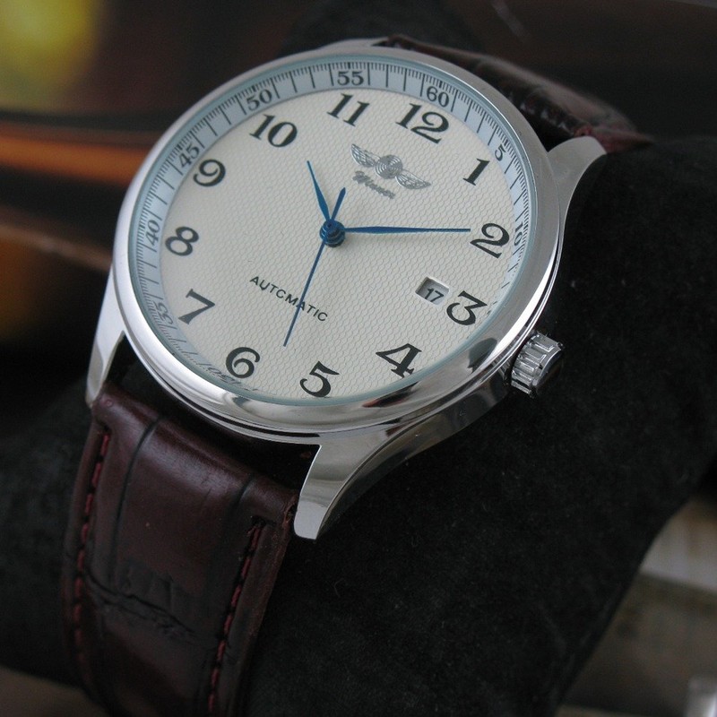 VIGOROSO Men's Automatic Mechanical Watch Day Calendar Leather Band Arabic