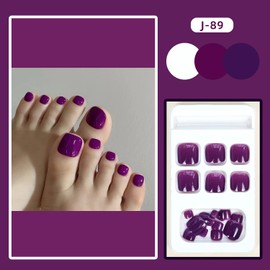 24 Pcs Solid Color Press on Toenails, Square Fake Full Cover Purple Acrylic Glossy Glue on Short Square False Cute Artificial Toenails for Women and Girls