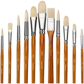 Fuumuui Bristle Brush Set Painting, 11 Pieces, 100% Natural Chungking Pure Bristle Artist Brush with a Free Carry Box, Ideal Brush Set for Oil Painting, Acrylic Paints, Gouache, Yellow