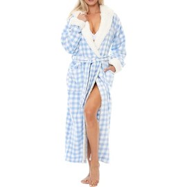 Alexander Del Rossa Sherpa Robes for Women Long, Womens Robes Long Hooded Bathrobes for Women, Plus Size Robe with Hood Tranquil Blues Gingham Check Plaid Small (A0273ANHSM)