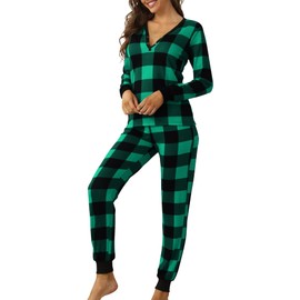 Smile Fish Womens Christmas Pajamas Set Long Sleeve Henley Neck Buffalo Plaid PJS Joggers Pants Loungewear Cotton Blend Green Black,M