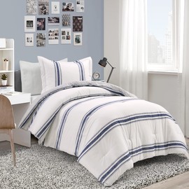 Lush Decor Farmhouse Stripe Reversible Cotton Comforter Set , 2 Piece Set, Twin XL, Navy - Twin Bedding Set - Dorm Decor - Striped Comforter For Kids Or Teens - Modern Farmhouse Bedroom Decor
