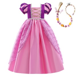 Lito Angels Princess Rapunzel Costumes Fancy Dress Up with Hair Braid for Little Kids Girls Age 7-8 Years