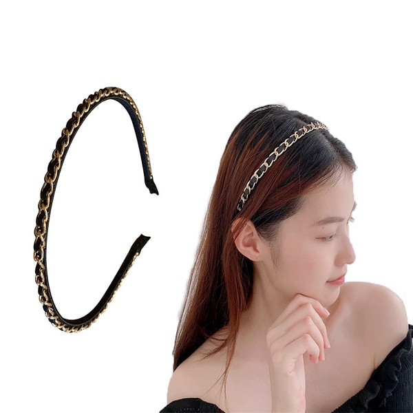 Black Leather Chain Headband Hairband Metal Braided Headbands Thin Hair Bands for Women's Hair Accessories for Girls