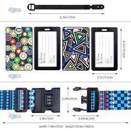 Hivia Pack of 4 Luggage Straps with Lock + 4 Suitcase Marking, Suitcase Strap, Eye-catching Suitcase Strap with Address Label, Suitcase Strap, Colourful, Bohemian Style