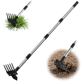 2-in-1 Heavy-Duty Weed Puller Toole with 5-Tine Rake – 30" to 60" Adjustable Handle, Hoes for Gardening, Hoe Garden Tools for Loosening Soil, Planting, Weeding