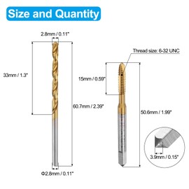 sourcing map Tap and Drill Bit Set, 1pcs 6-32 UNC Spiral Point Thread Screw Tap & 1pcs 2.8mm Twist Drill Bit, Titanium Coated HSS-6542 Tapping Threading Tool Kit