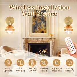 Battery Operated Wall Sconce with Remote Control,Vintage Wall Lamp with Flower lampshade,Rechargeable Battery Powered Wall Lights with 15 Colors for Beside Bedroom Living Room Doorway,Set of 2