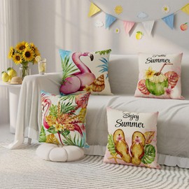 ZAEW Flamingo Flip Flops Summer Pillow Covers Throw Pillow Cases Set of 4 Decorations for Home Sofa Cushion Cover Party Holiday Decor 18x18 Inch