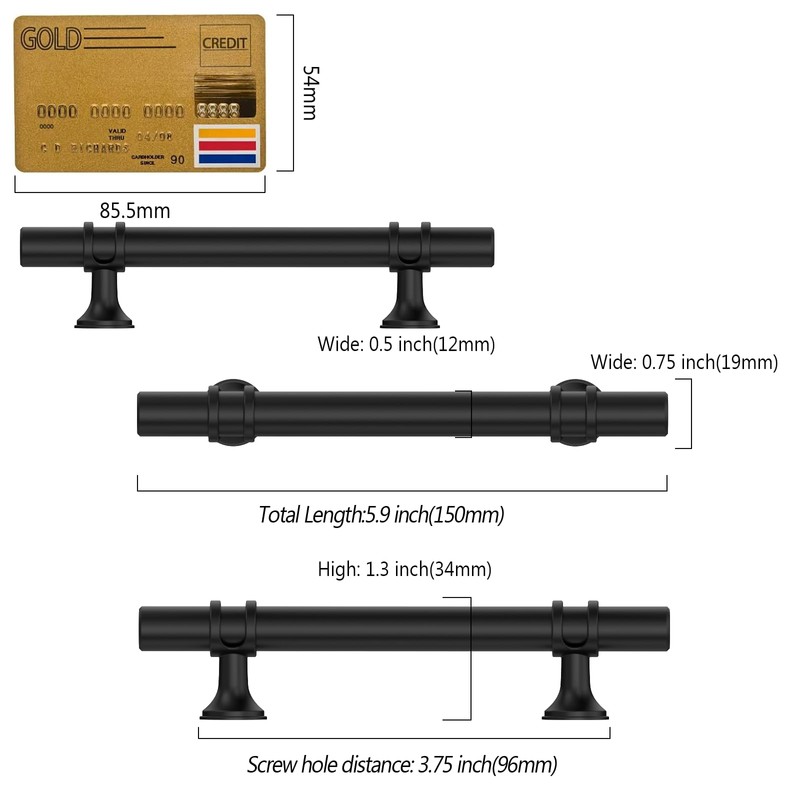 Amerdeco 10 Pack Matte Black Cabinet Pulls 3.75 Inch(96MM) Hole
