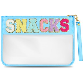 Morcheiong Chenille Letter Bag Cute Clear Zipper Stuff Pouch Portable Multi-purpose PVC and Nylon Makeup Bag with Handle for Travel Gym Beach（Cyan Snacks）