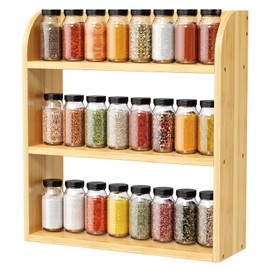 ROMGUAR CRAFT 3 Tier Bamboo Spice Rack, Countertop or Wall Mounting Wood Spice Jars Organizer Shelf for Kitche, Pantry (Natural)